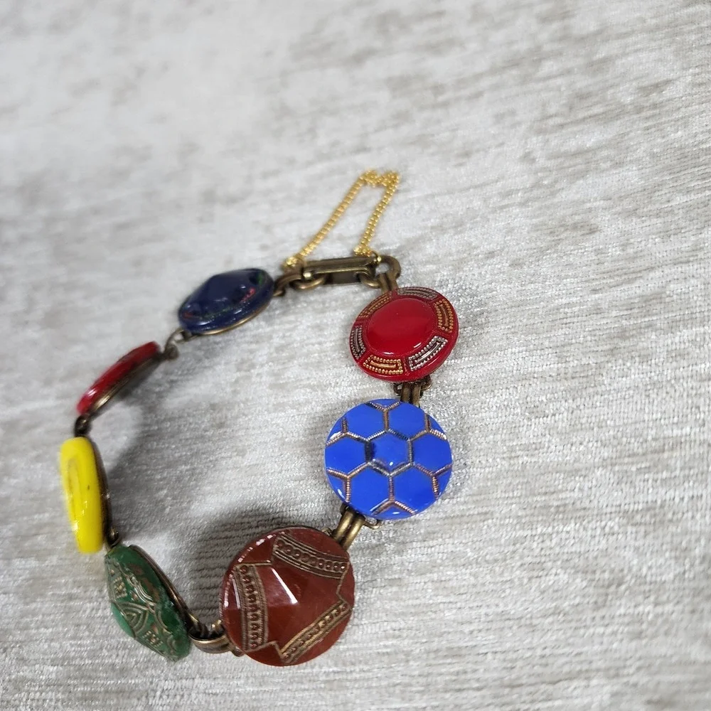 Vintage Colorful Glass Engraved Painted Gold Circle Bracelet 7.5